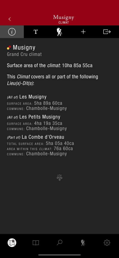 ClimaVinea - Technical details of the Musigny Grand Cru climat in the ClimaVinea app including surface area and sub-parcels