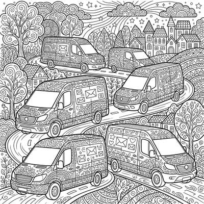 Embark on a mindful journey with this intricate adult coloring page featuring a fleet of detailed delivery vans. Perfect for those seeking a creative escape and stress relief through complex patterns.