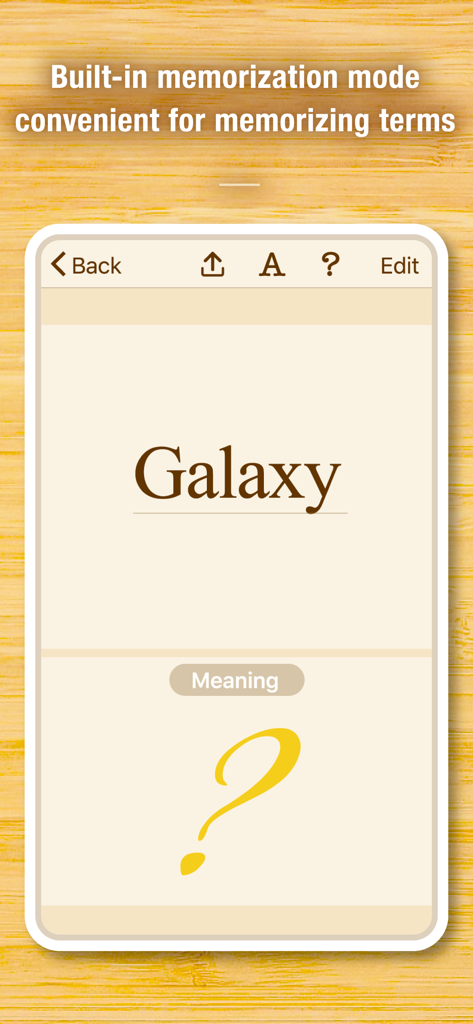 Newpedia -Dictionary Creation- - Interface of Newpedia app showing the memorization mode with a hidden word meaning for vocabulary study