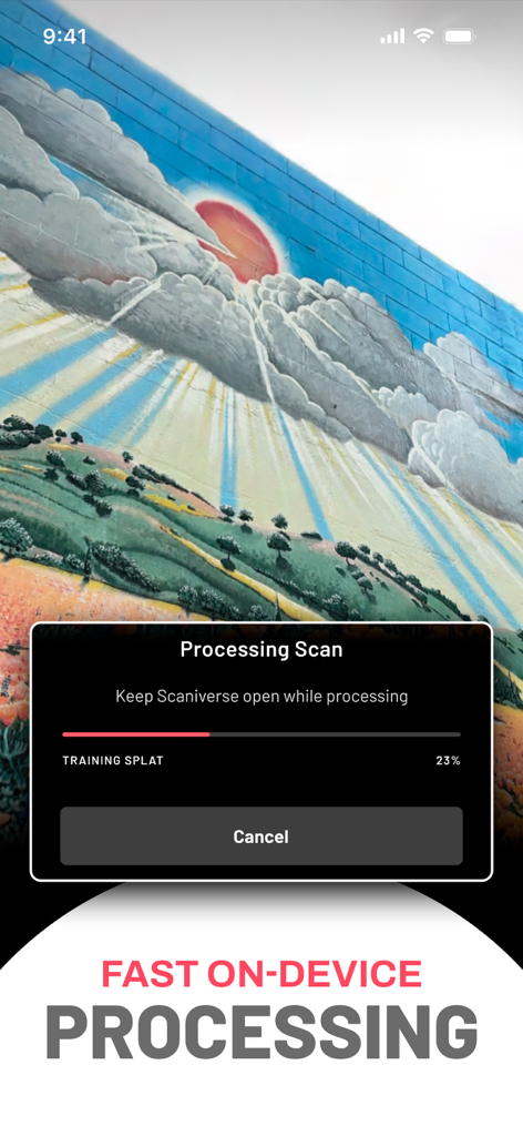 Scaniverse app screen showing fast on-device processing of a 3D scan mural