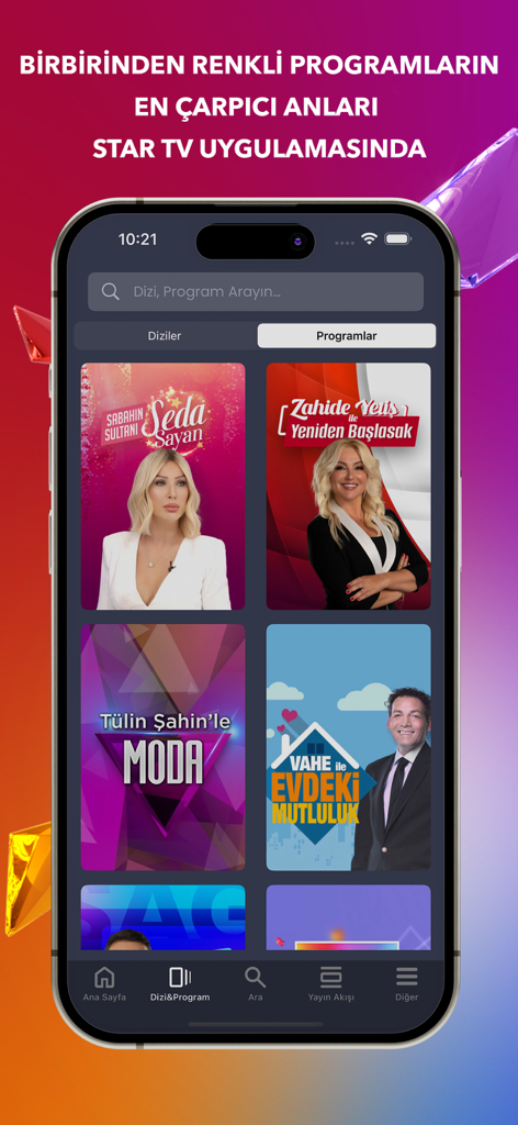 다양한 터키 TV 쇼를 포함하는 Star TV 앱의 프로그램 섹션을 보여주는 스마트폰 화면