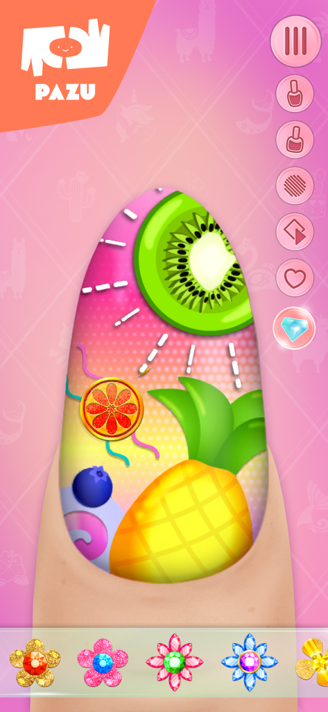 Nail Salon Games for Girls - Diseño de uñas con temática de frutas con patrones de kiwi y piña en un juego de salón de uñas