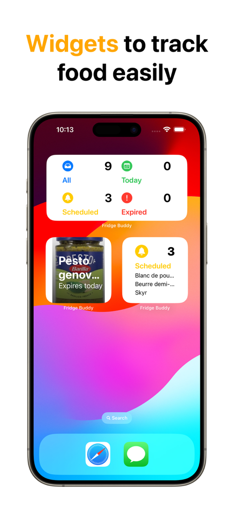 iPhone home screen displaying FridgeBuddy widgets for tracking food inventory and expiration dates
