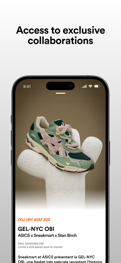 iPhone screen displaying an exclusive ASICS x Sneakmart x Stan Birch sneaker collaboration on the Sneakmart app