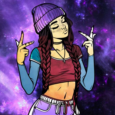 realistic teenage girl with braids and a beanie and crop top doing 🫶🏼