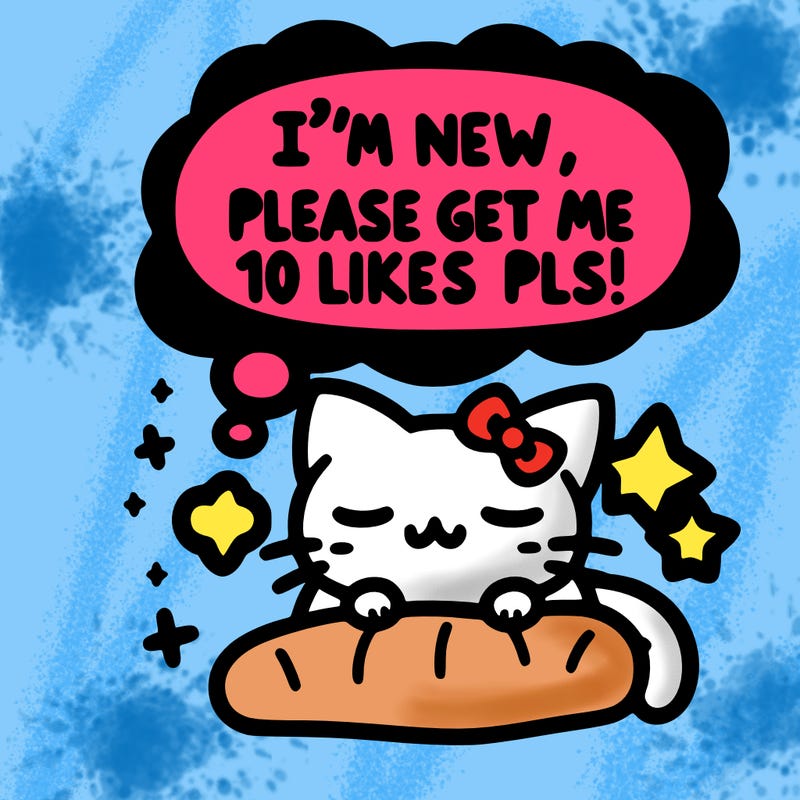 kitty taking a nap dream talking and saying "i'm new, please get me at least 10 likes pls!!"