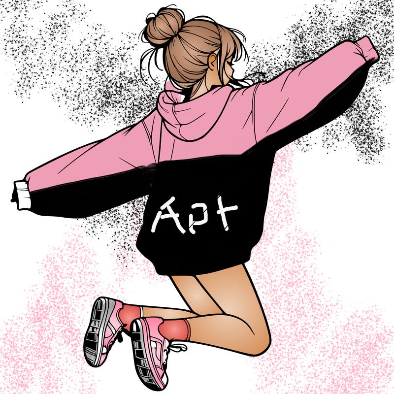 realistic girl jumping with a bun and oversized sweatshirt