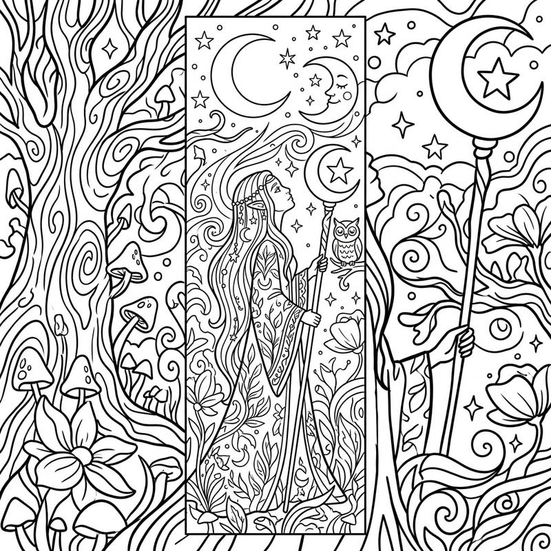 Embark on a magical journey with this exquisite Moon Elf bookmark coloring page, featuring a graceful elf surrounded by lunar and nature motifs. Perfect for marking your place in your favorite fantasy books, this intricate design invites you to bring celestial magic to life with your colors.