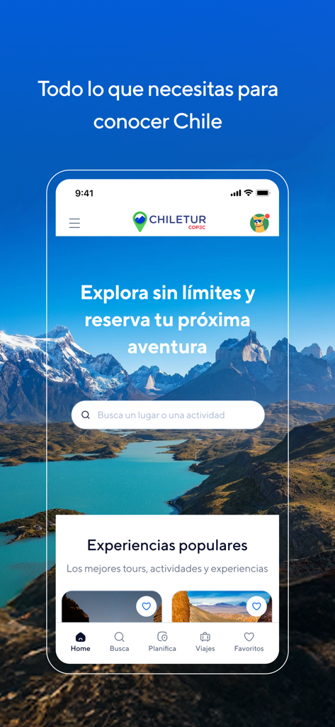 Chiletur - Pantalla de inicio de la aplicación móvil Chiletur que muestra un paisaje montañoso escénico con opciones para buscar y reservar aventuras de viaje en Chile