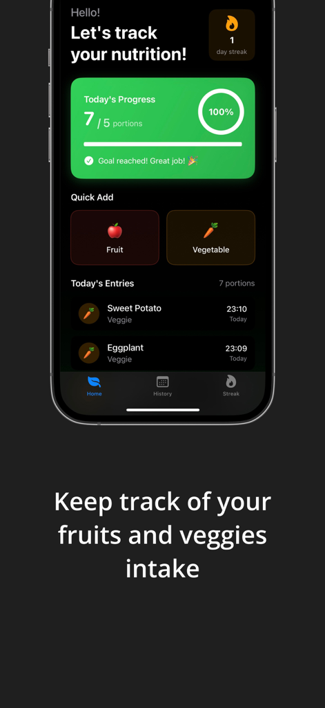 Fruits Tracker: Daily Counter - A mobile app interface showing a 100 percent completion goal for daily fruit and vegetable intake with quick add buttons.