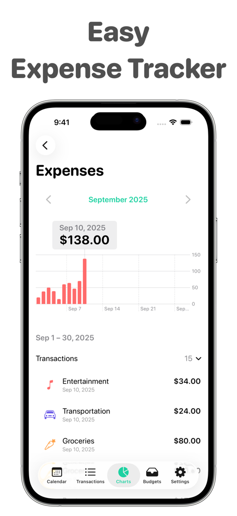 Budget Calendar: Simple Money - Minimalist expense tracker dashboard showing a monthly bar chart and categorized transaction history