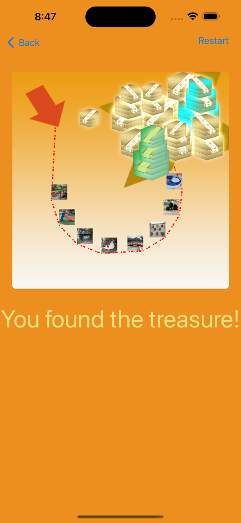 Treasure Hunt By Photos - A screen showing the message You found the treasure with a visual path of photo clues leading to a pile of golden gift boxes.
