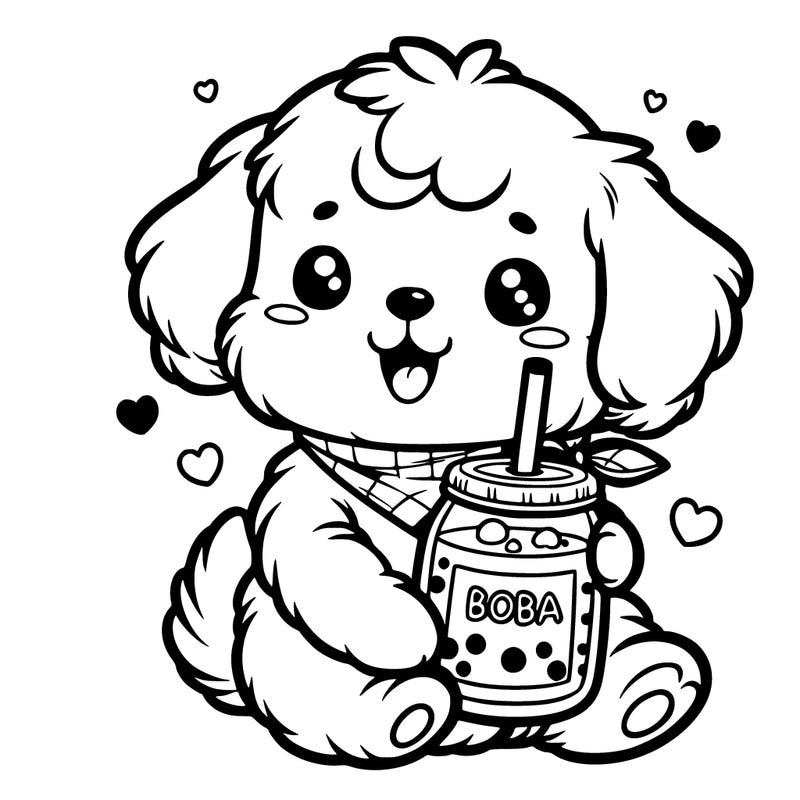 a cute puppy holding boba