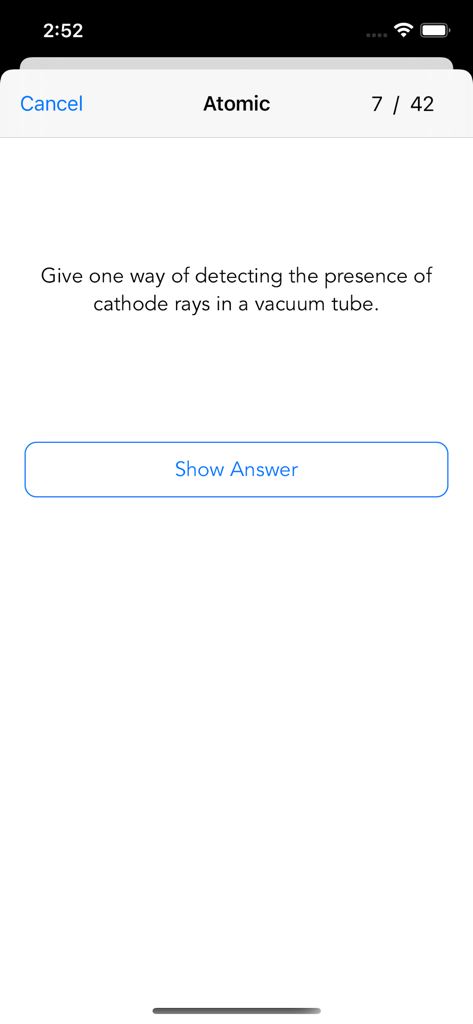 Leaving Cert Chemistry 2025 - Chemistry study flashcard interface showing a question about cathode rays under the atomic section.