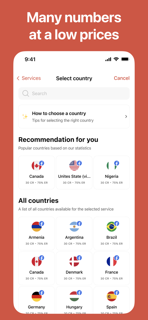 SMS Virtual: Temp Phone Number - Country selection screen in the SMS Virtual app showing available locations for temporary phone numbers like USA and Canada