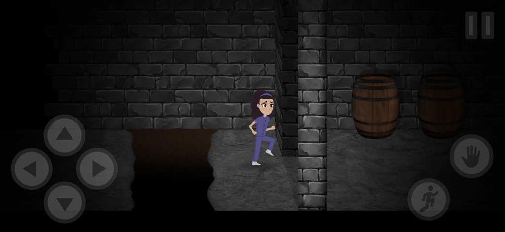 Esther explorando un oscuro pasillo de piedra en Mr Hopps Playhouse 2 HD