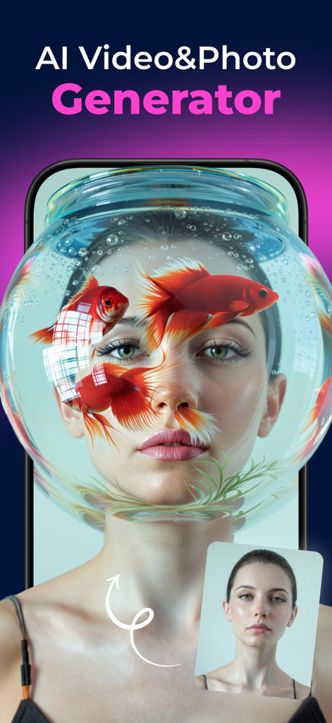 Seedance AI: Generate Video - AI video and photo generator showing a surreal fishbowl effect on a portrait