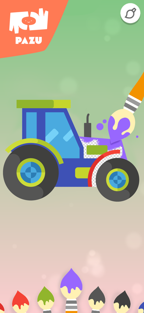 Coloring games - for toddlers - 幼児向けお絵かきアプリのインターフェースで、紫色の絵筆で青いトラクターに色を塗っている様子。