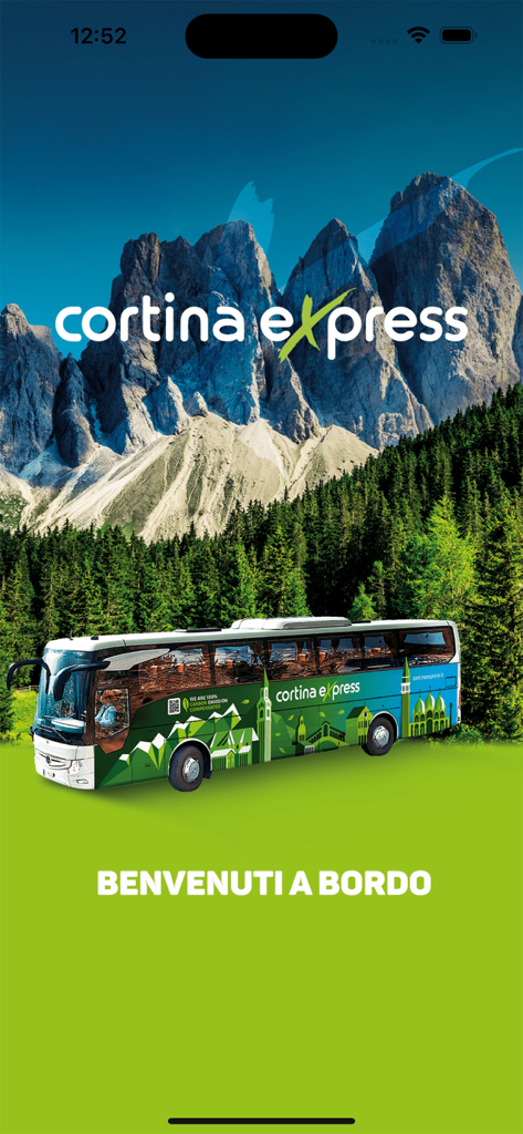 Startbildschirm der Cortina Express App mit einem Reisebus und den Dolomiten-Bergen