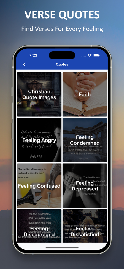 A selection of Christian verse quotes categorized by emotions in the Amplified Bible app