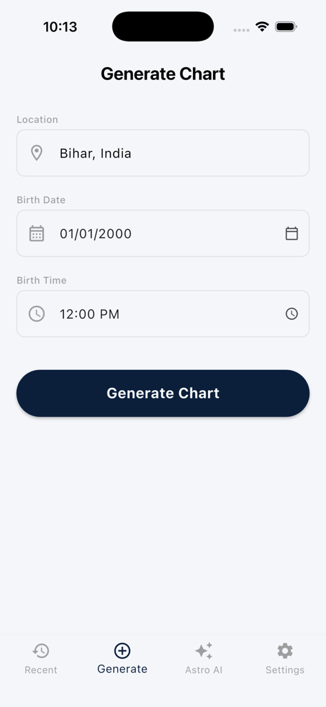 Vedic Chart: Horoscope, Kundli - The generate chart screen of the Vedic Chart app with fields for birth location date and time