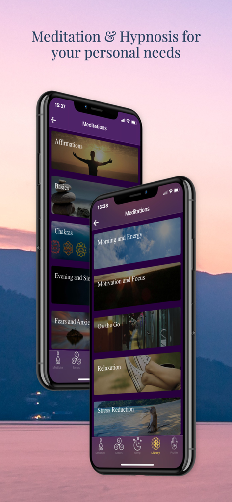 Interfaz de la aplicación MYditation que muestra categorías personalizadas de meditación e hipnosis para diversas necesidades de bienestar