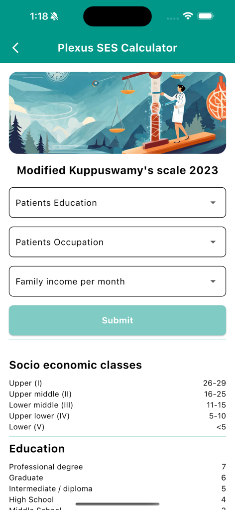 Plexus MBBS - The socioeconomic status calculator screen in the Plexus MBBS app featuring the Modified Kuppuswamy scale.