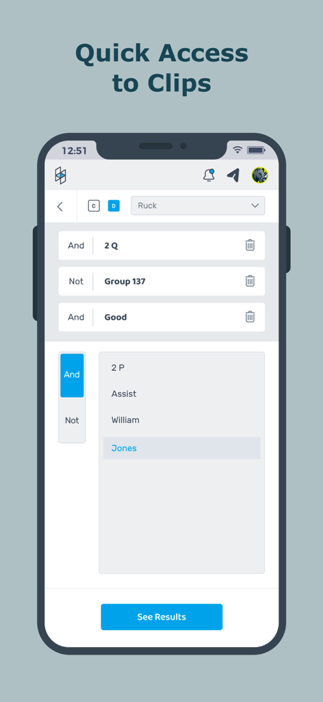 Nacsport Hub - Nacsport Hub mobile interface for filtering and accessing video clips