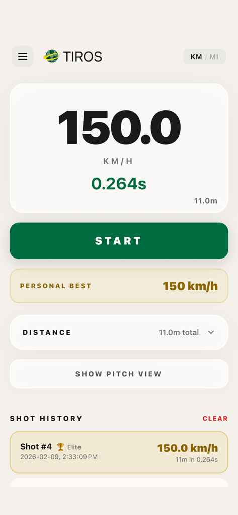 Tiros app interface displaying a soccer shot speed of 150 kmh and shot history