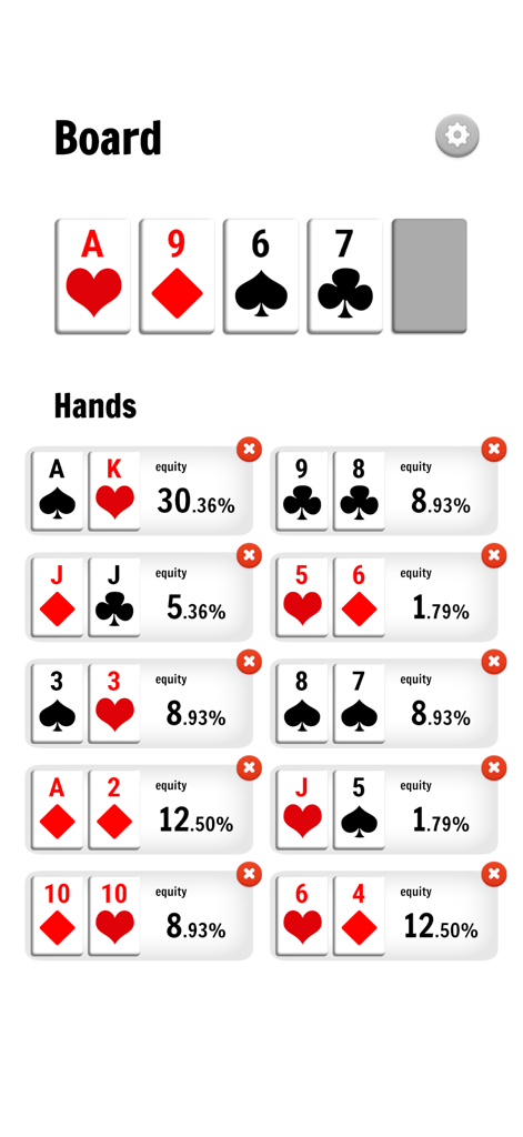Poker Odds Calculator Pro - Interface de um aplicativo de calculadora de odds de poker mostrando probabilidades de vitória para múltiplas mãos de Texas Holdem com base nas cartas do tabuleiro.