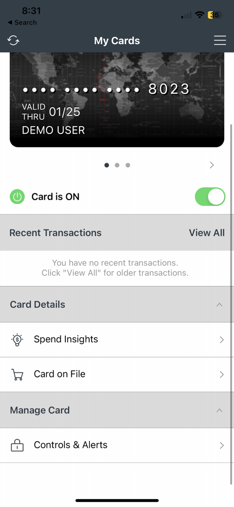 CardWise Mobile - CardWise Mobile app interface showing credit card details, recent transactions, and card controls