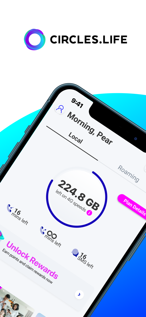 Circles Life Singapore app dashboard showing data usage call minutes and rewards program