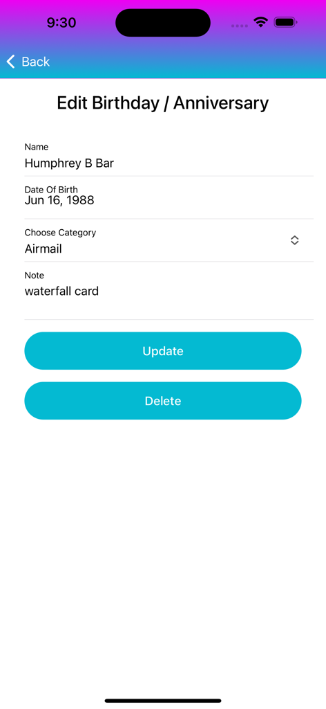 Uma tela para editar detalhes de aniversário ou data comemorativa, incluindo campos para nome, data, categoria e notas de artesanato personalizadas.