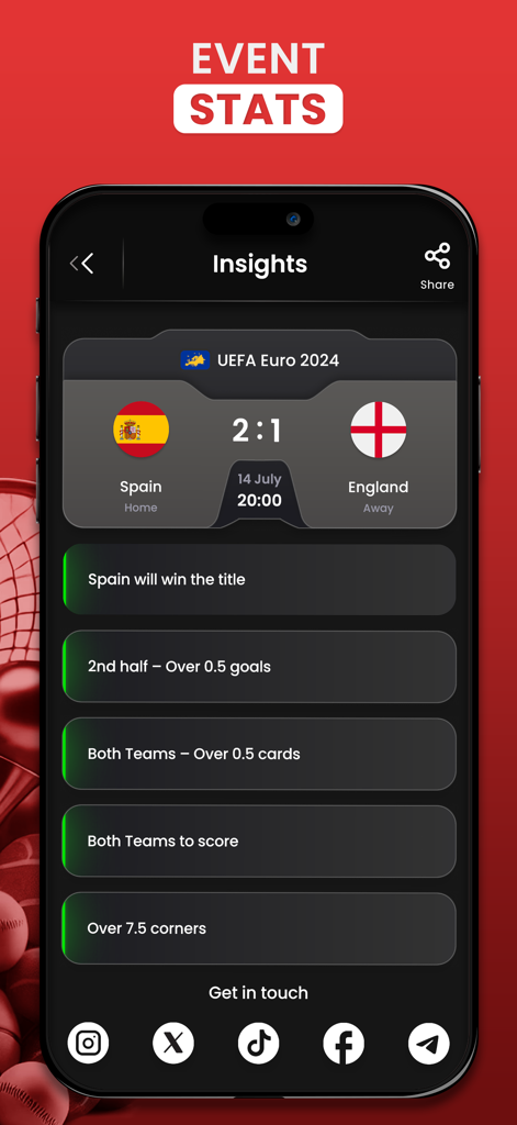 David Smart Sports Predictions - David Smart mobile app displaying statistical insights and forecasts for a UEFA Euro 2024 soccer match