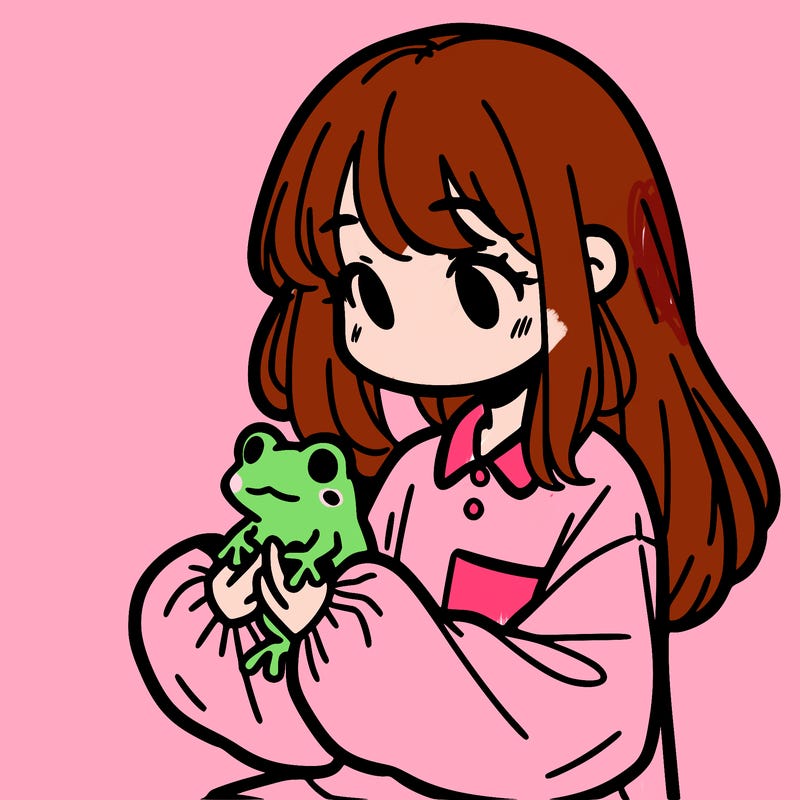girl with long hair and a oversized shirt. and she is holding a frog