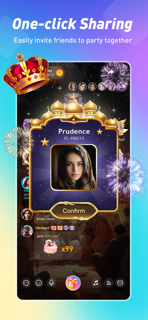 YOOY- Group Voice Chat - 仮想ギフトを備えたグループボイスチャットルームとワンクリック共有機能を備えたYOOYアプリインターフェイス。