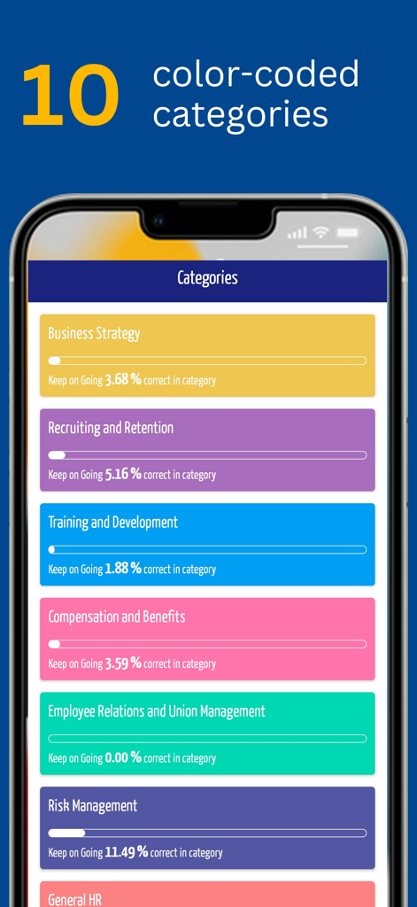 HR Cards: HRCI SHRM Exam Prep - HR Cards app interface displaying color coded study categories and exam progress tracking