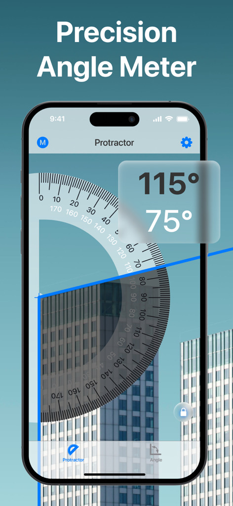 iPhone screen showing the digital protractor app measuring building angles with real-time degree readings.