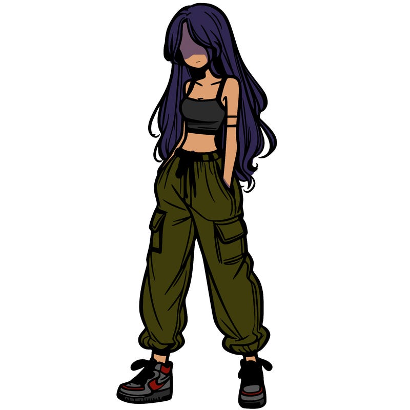 girl in baggy pants crop top and long hair
