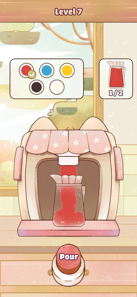 My Cozy Life - Una macchina a forma di gatto che versa succo rosso in una brocca di vetro nel gioco My Cozy Life