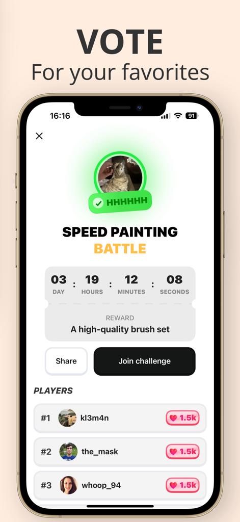 Goatyu app interface showing a speed painting battle challenge with a countdown timer and player leaderboard