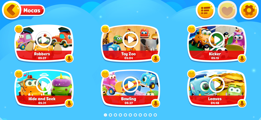 Pantalla de selección de video educativo para niños en la aplicación Kapuki TV con dibujos animados de coches de juguete