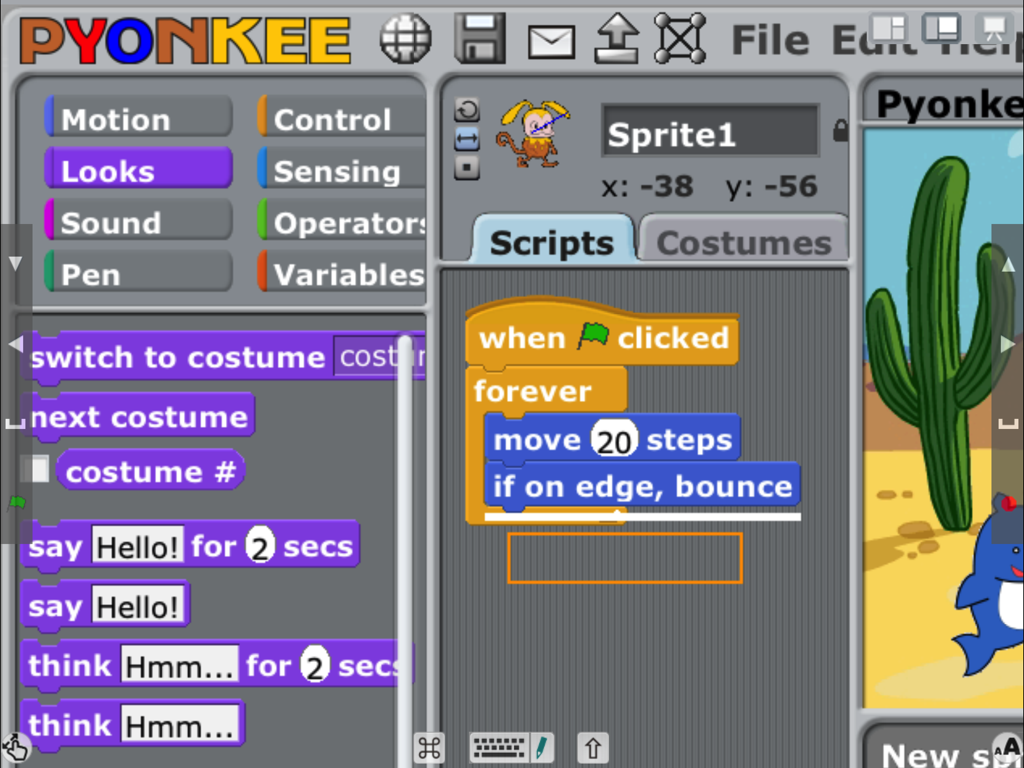 Pyonkee - Pyonkee app interface displaying visual programming blocks and a sprite animation preview.