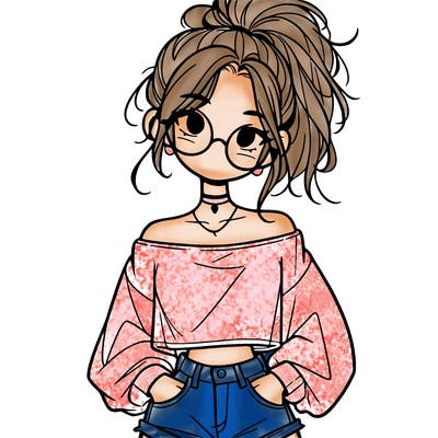 girl with a messy ponytail glasses a baggy crop top and jean shorts