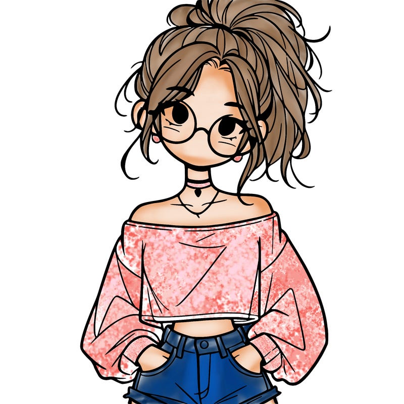 girl with a messy ponytail glasses a baggy crop top and jean shorts
