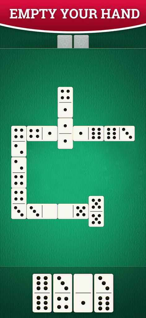 Pantalla de juego digital de dominó que muestra fichas sobre un fondo verde y el mensaje Vacía tu mano