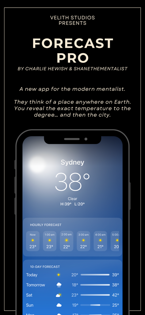 Forecast Pro - Forecast Pro app interface displaying a weather forecast for Sydney used as a mentalism magic tool