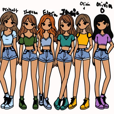 a group of girls wearing crop tops and shorts