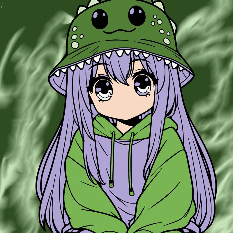 girl with anime shaped eyes with a dinosaur bucket hat oversized sweatshirt long straight hair