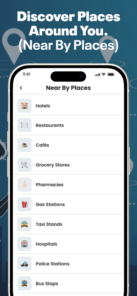 Écran mobile montrant des catégories de lieux à proximité comme les hôtels et les restaurants dans l'application de navigation